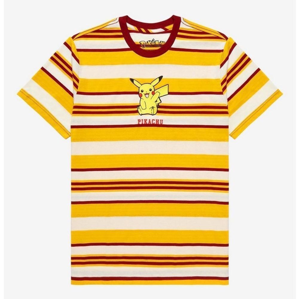 Pokémon Pikachu logo Striped T-Shirt yellow cotton Sz M unisex